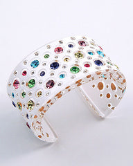 White Acrylic Wide Cuff Bracelet with Multi-Colored Crystals